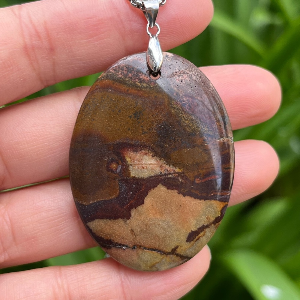 Silver plated oval shape natural picture jasper pendant 1430